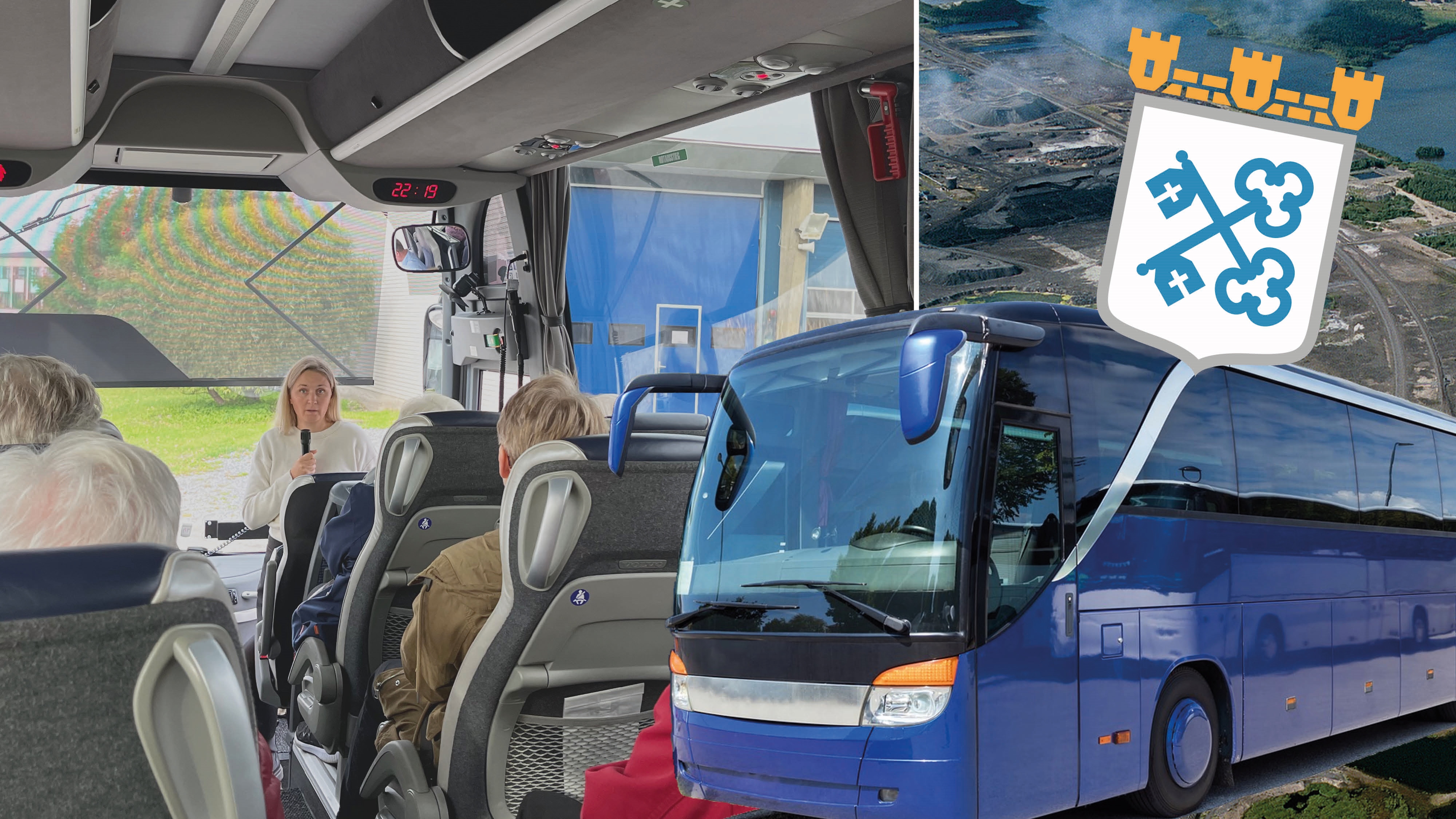 Bildmontage med bild från resan, en buss och Luleå kommuns logo.