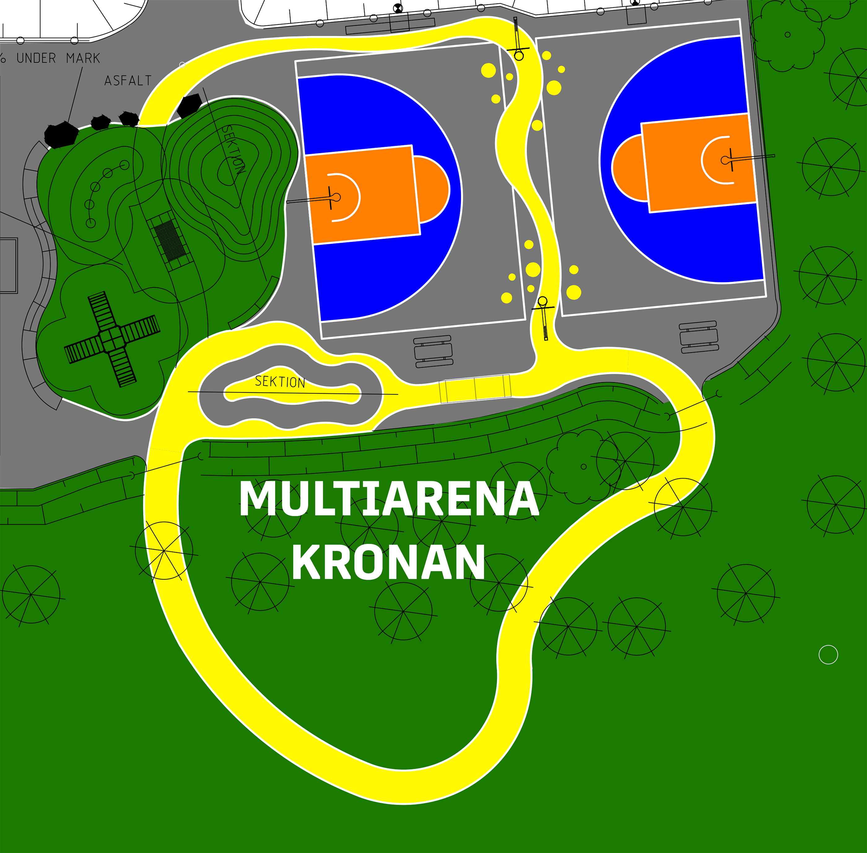 Karta som visar Multiarenan. Ritningen för området som ligger mitt emellan Tallkronanskolan och Kulturbyn Kronan.