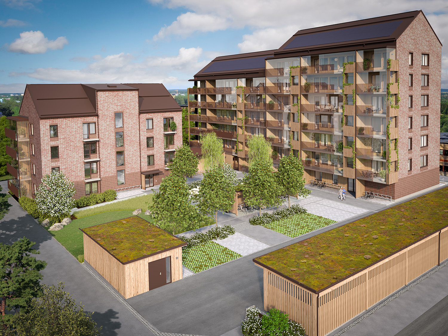 Visualisering av bostadsrättsföreningen Årstiden på Björkskatan som Riksbyggen vill bygga.