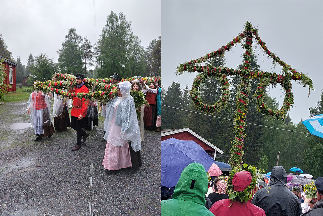 Midsommarstången bärs till sin plats.