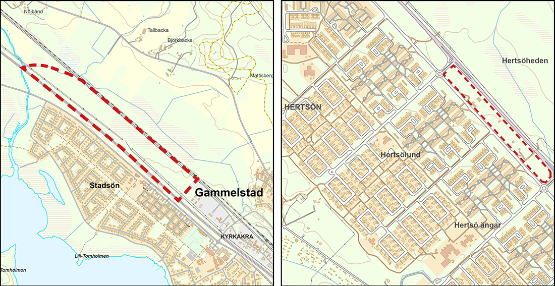 Kartan till vänster visar det föreslagna området i Gammelstad och kartan till höger det på Hertsöheden.