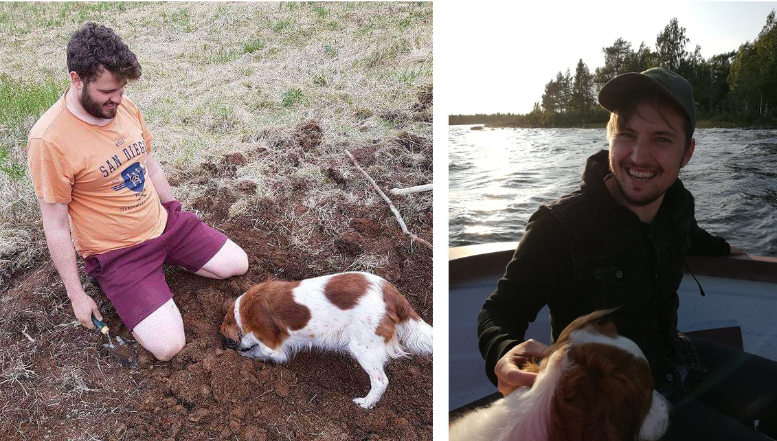 One photo of a dog and a man, digging in the ground, another of a dog and a man on a boat.