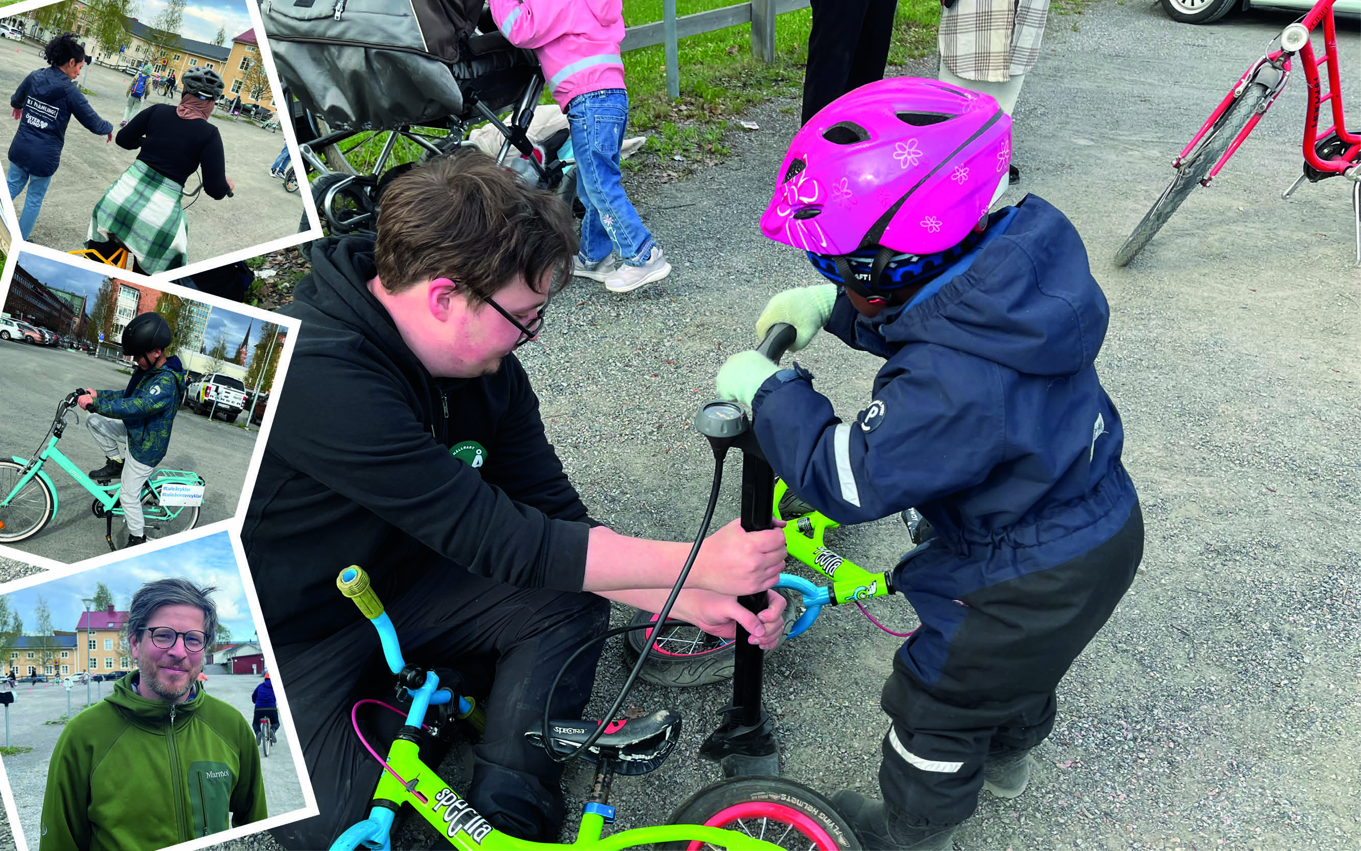 Bildmontage från cykelskolan där bland annat läraren Samuel hjälper en av deltagarna att pumpa däcken. 