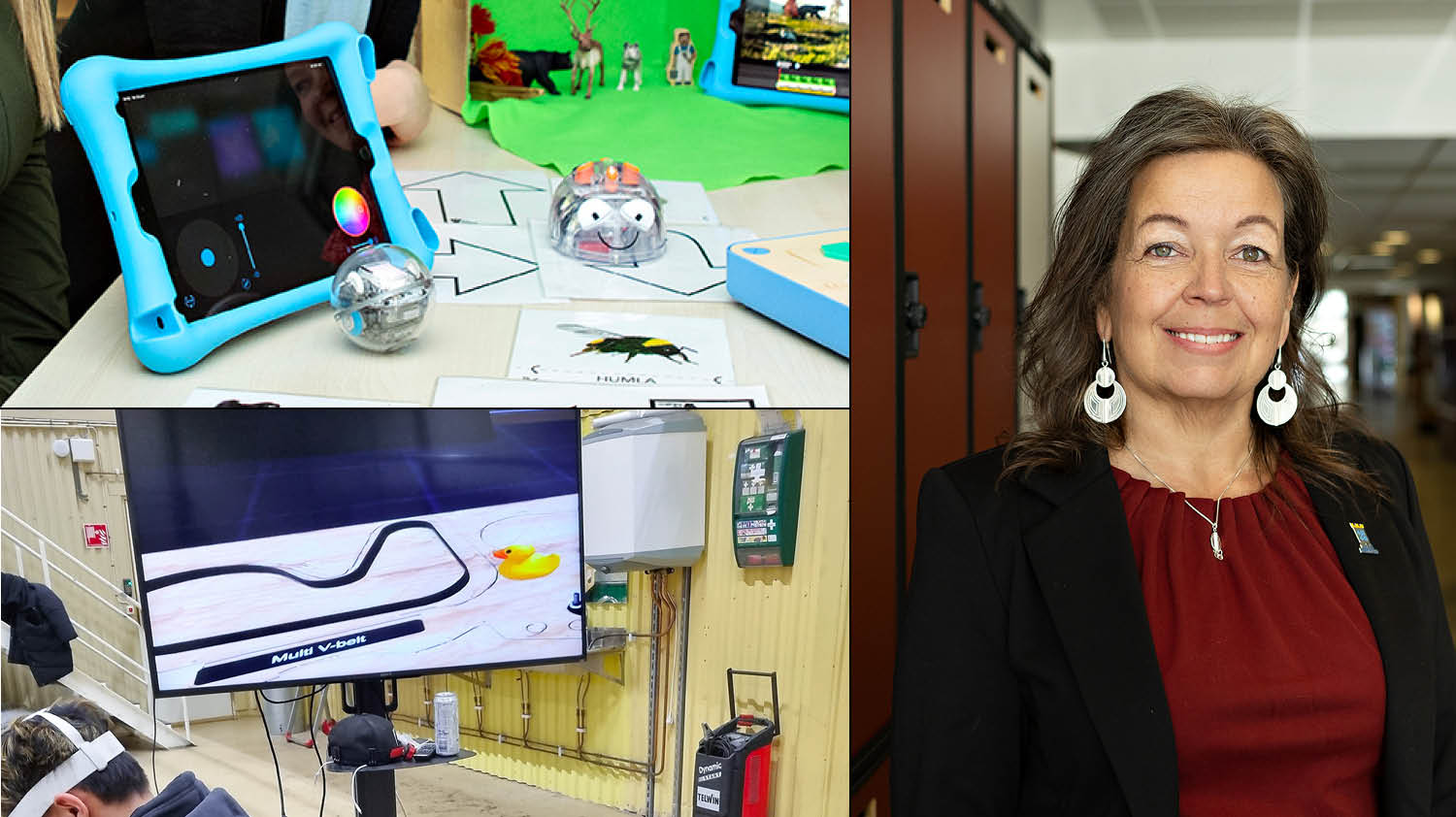 Kollage med VR-glasögon på gymnasiet och robotar på förskolan tillsammans med porträtt av Maarit Enbuske.