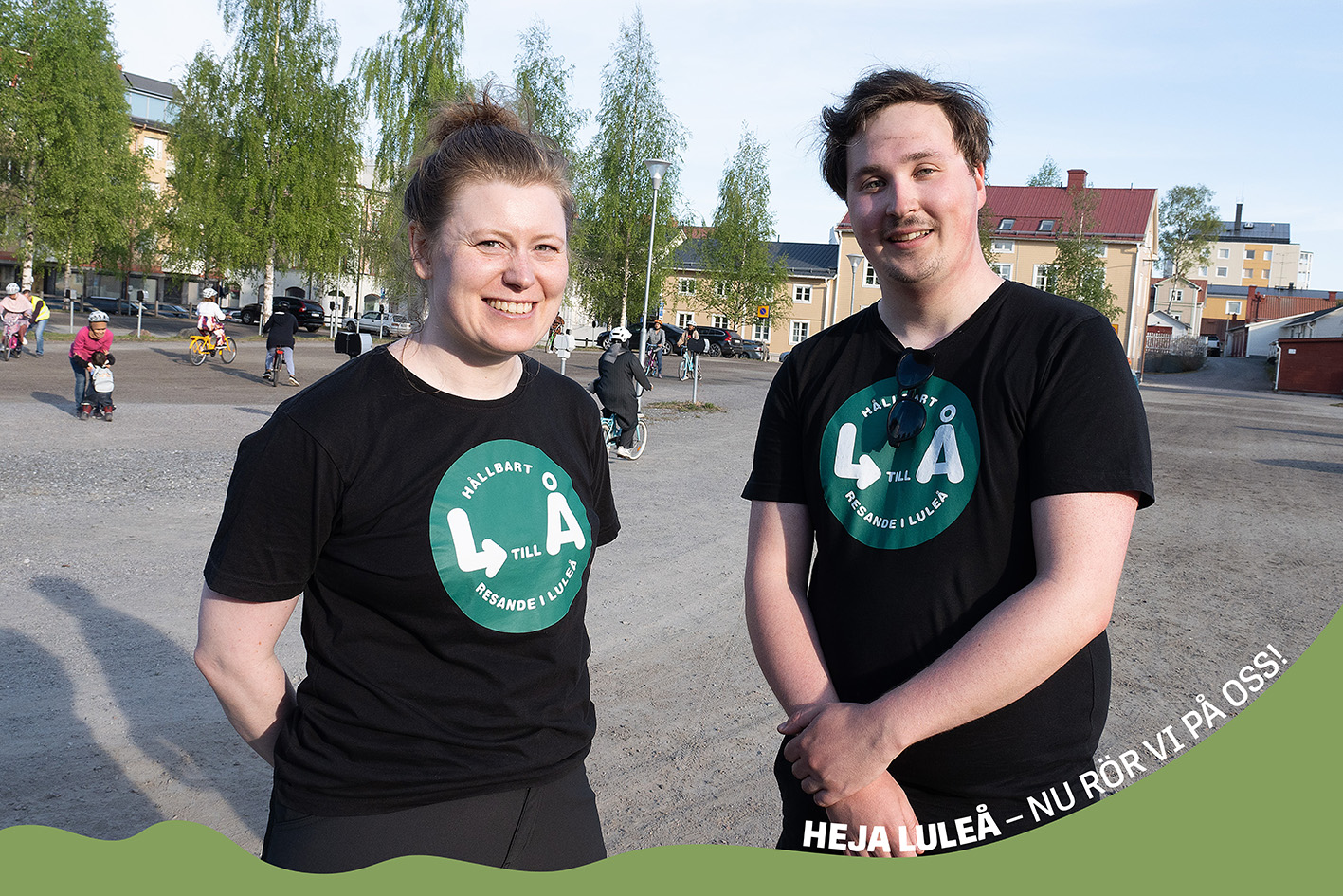 Cykelskola 2024. trafikingenjörerna Ida Persson och Samuel Bergsten. Foto: Jeanette Bergström