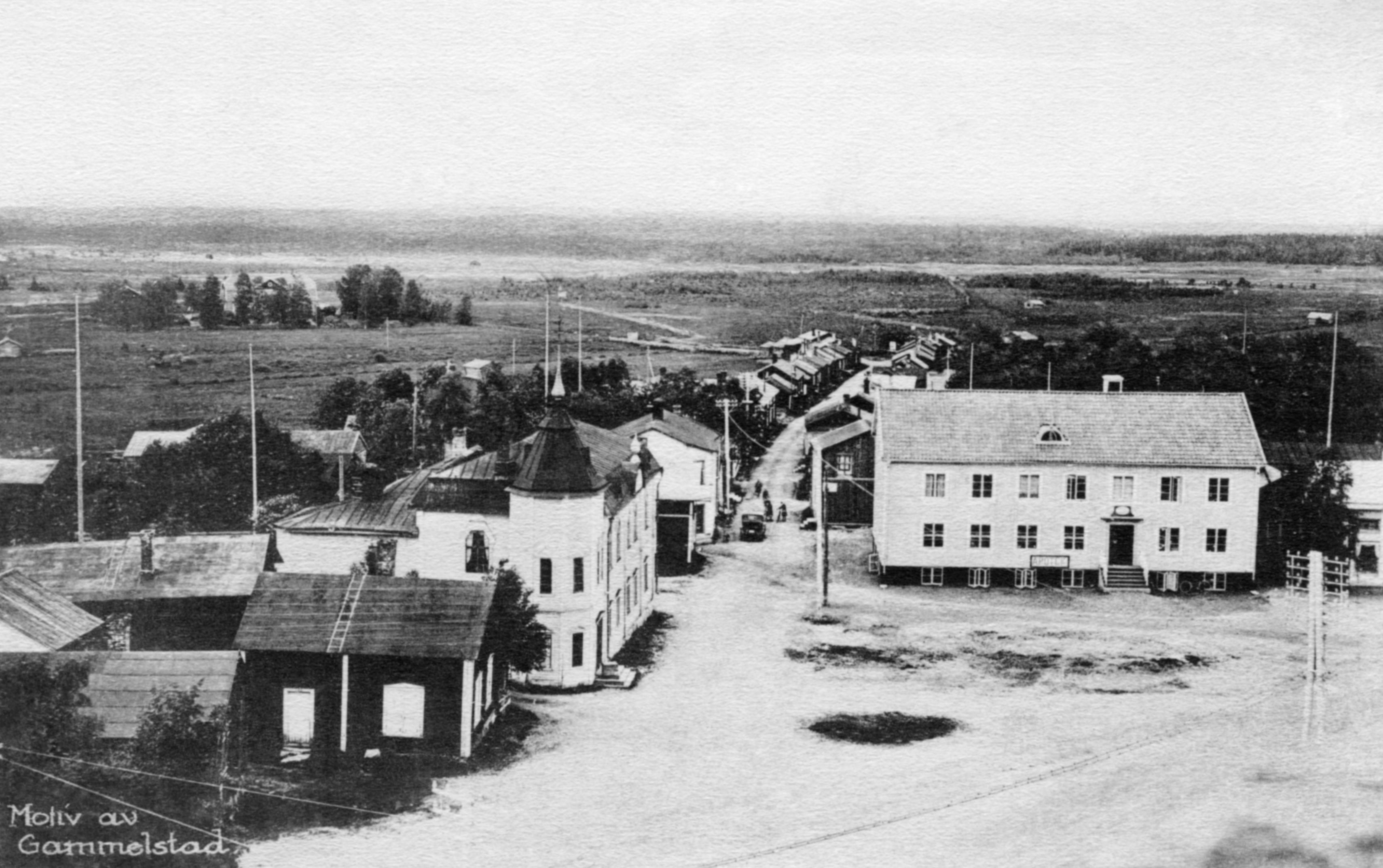 Vybild över Gammelstads kyrkstad från 1930. Till vänster kan Betelkapellet, numera Visitor Center, skådas. 