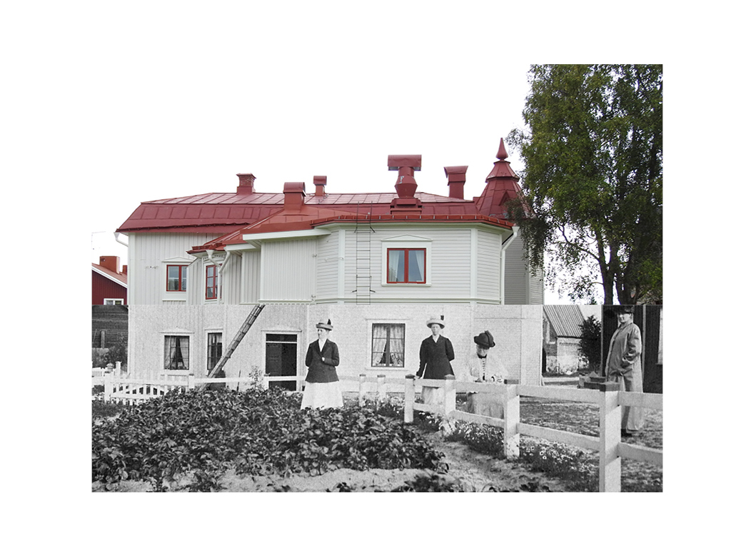En redigerad bild när där man kan se halva huset från år 1913 och andra halvan från 2022 i somras. 