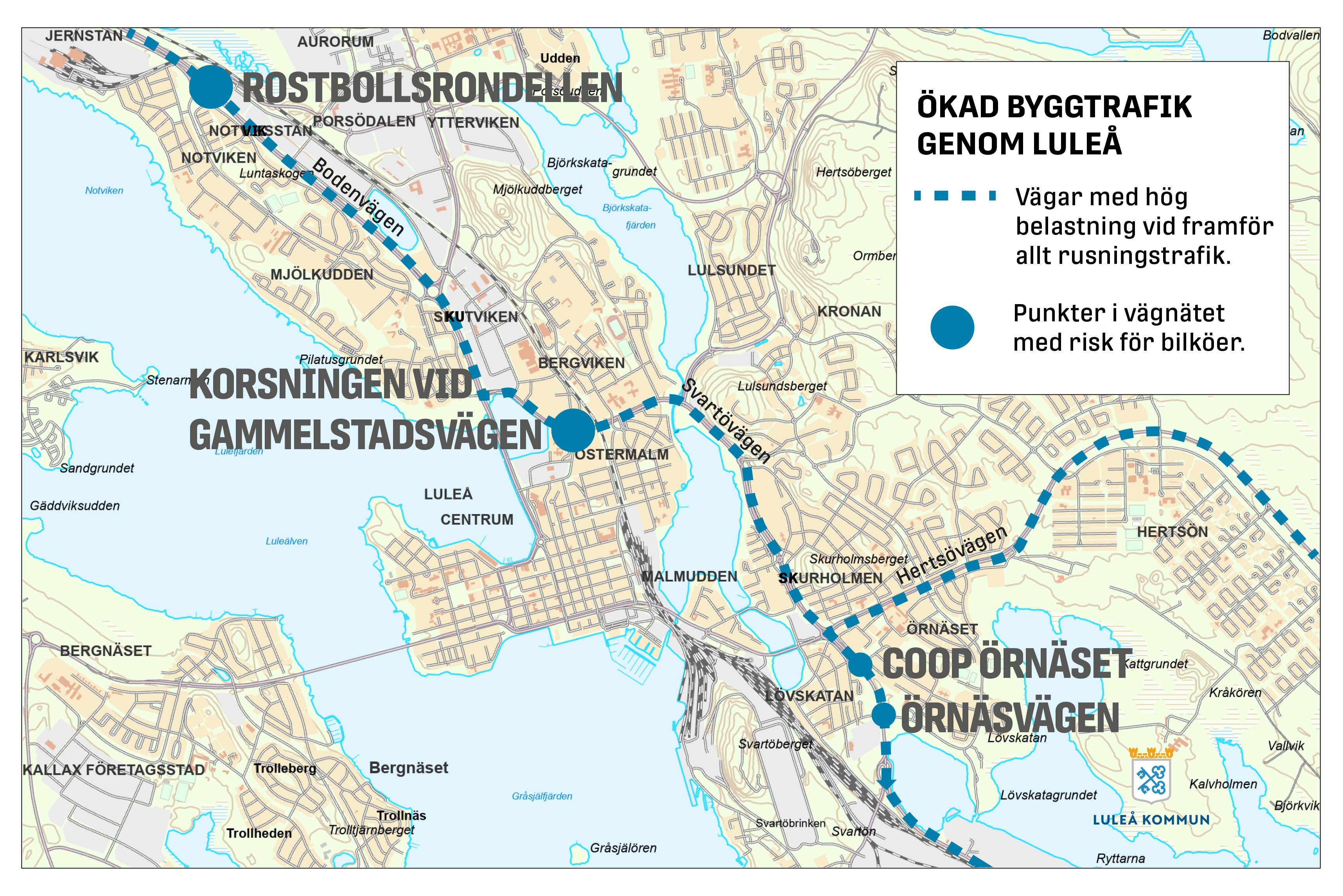 Karta som visar vägar och korsningar genom Luleå där det finns risk för köbildning under rusningstrafik morgon och eftermiddag.