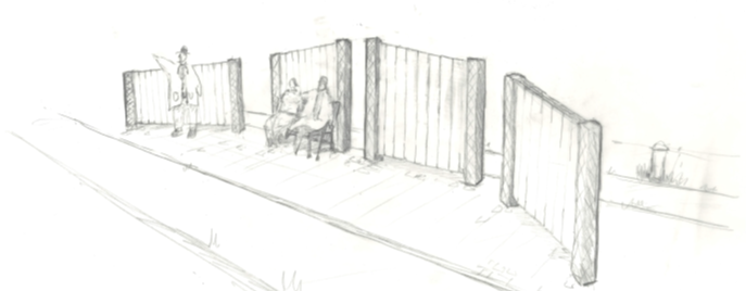 Tecknad illustrationsbild där man ser vindskydden med en parkbänk framför där det sitter två personer. Bredvid dem står en person och pekar ut mot vattnet.