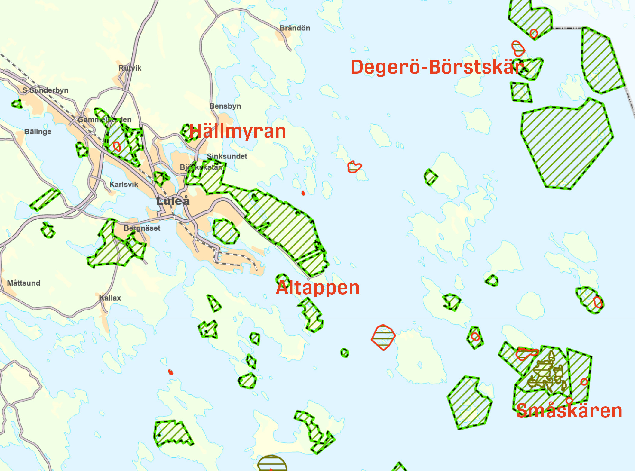 Karta som visar Luleås fyra nya naturreservat, Altappen, Degerö-Börstskär, Hällmyran och Småskären.