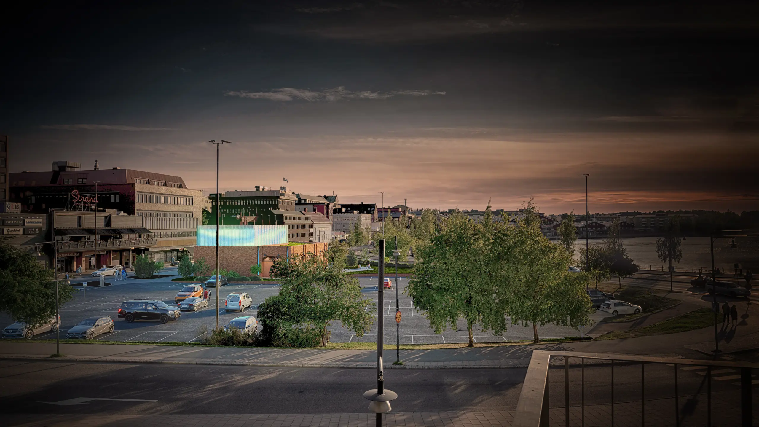 Bilden är en visualisering av hur den nya fördelningsstationen kommer se ut och var den kommer att placeras på Trekantens parkeringsplats i centrala Luleå.