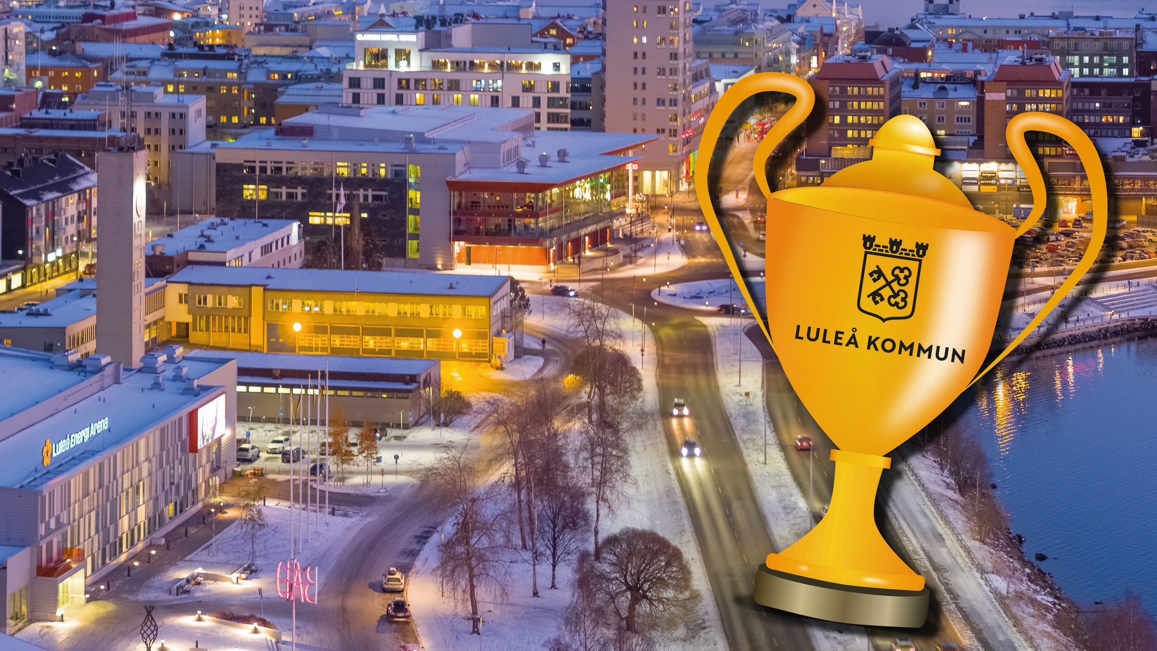 Bildmontage med en vybild över Norra hamn och gamla brandstationen med en pokal till höger med en svart Luleå kommun logo.