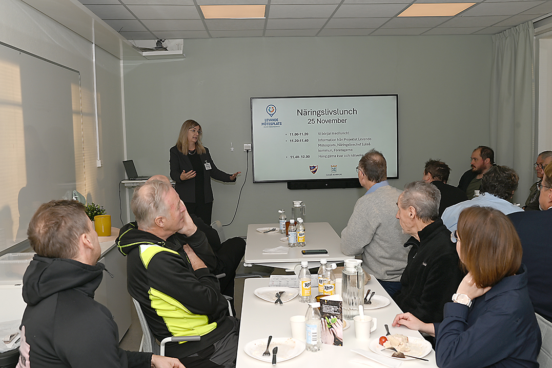 Sofia Larsson leder arbetet med projektet Levande Mötesplats Råneå och välkomnade tankar från företagarna.