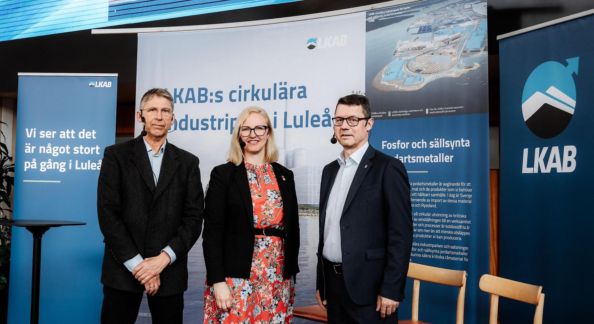 På dagens pressträff deltog LKAB:s vd och koncernchef Jan Moström, Luleås kommunalråd Carina Sammeli samt Leif Boström, direktör för affärsområde Specialprodukter, LKAB.