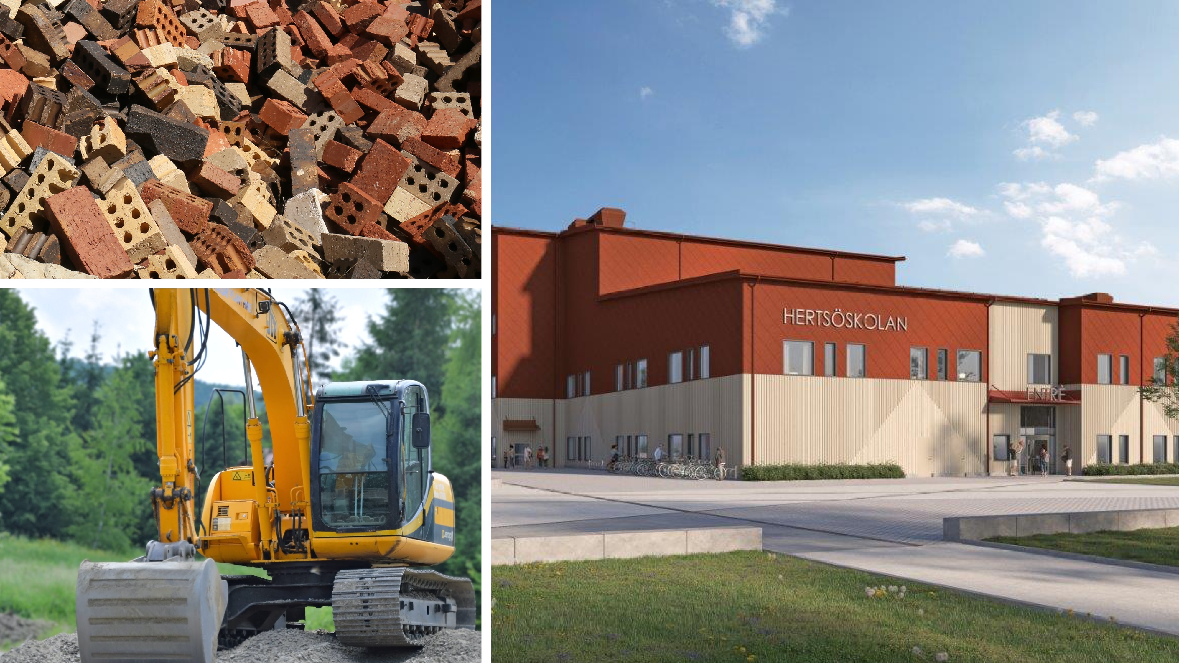 Bildmontage på tegelstenar, grävmaskin och framtida Hertsöskolan.