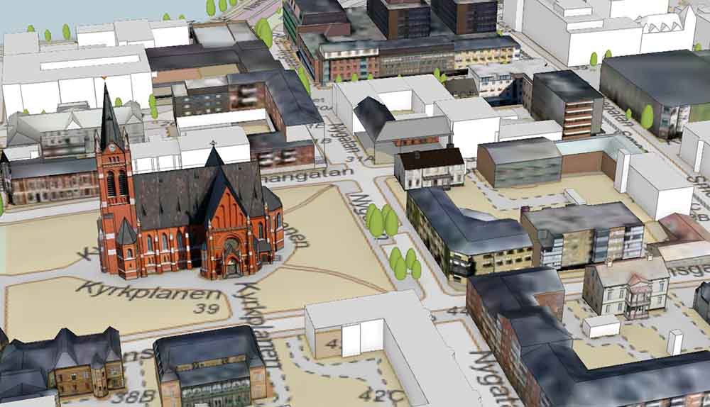 Visar en 3D karta över centrala Luleå med kyrkan i mitten