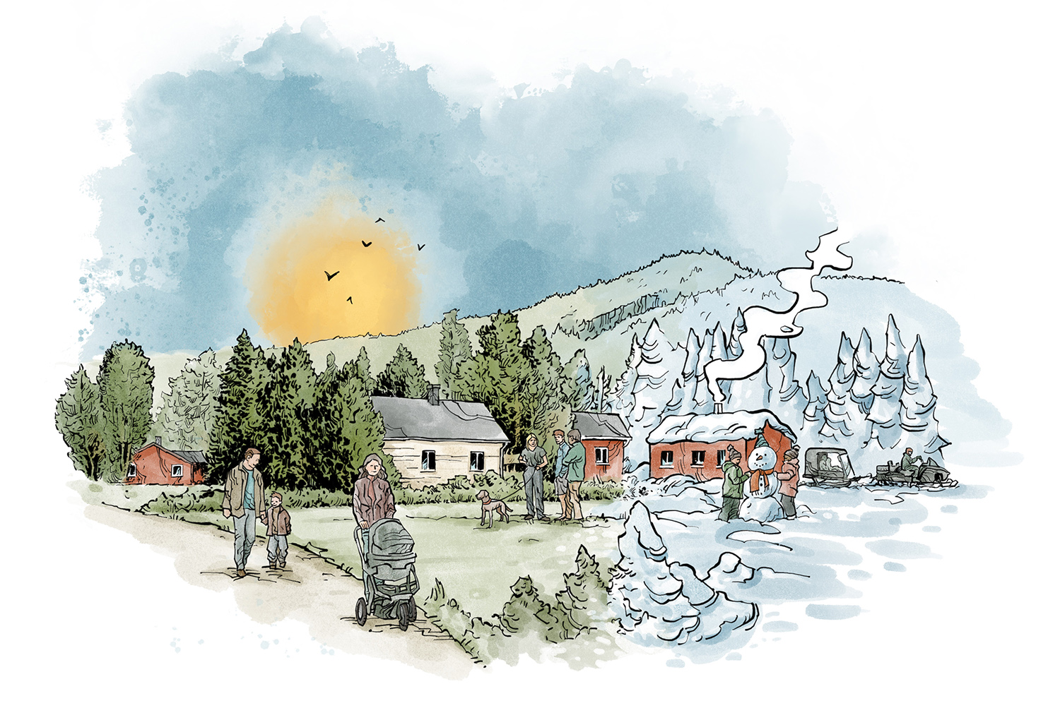 Illustration över hur det skulle kunna vara att bo i Niemisel. Illustration: Niklas Brandt, Brightnest.