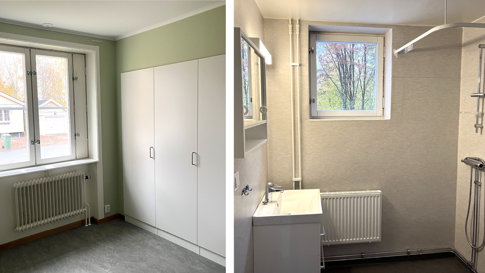 Foto på sovrum och badrum. 