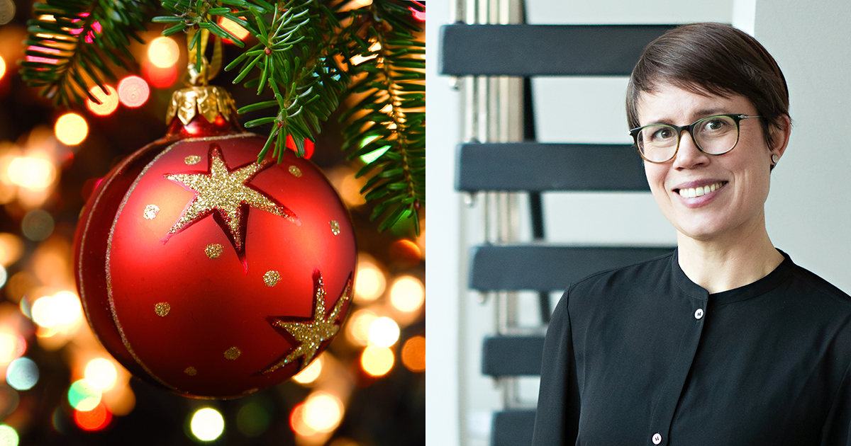 Montage: en julgranskula och en bild på kommunens klimat- och hållbarhetsstrateg Sophie