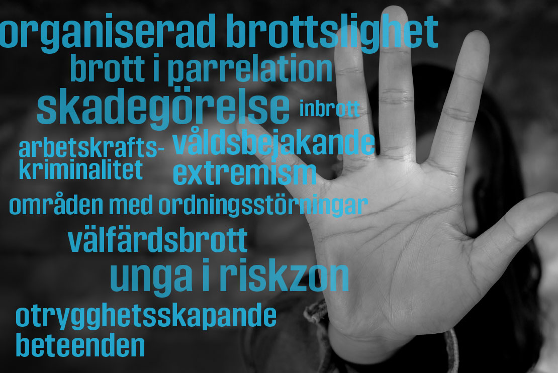 Hand som hålls upp som en stoppsignal. Olika ord i bilden exemepelvis brottsförebyggande, trygghet, välfärdsbrott, brott i parrelation, arbetskraftkriminalitet, organiserad brottslighet.