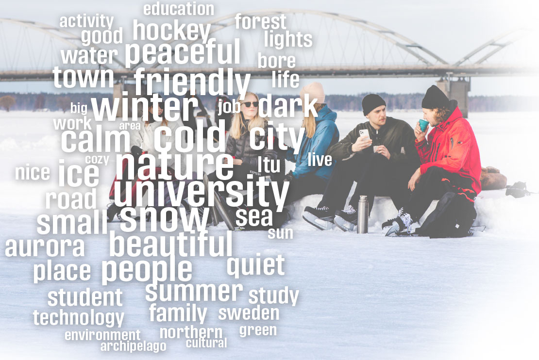 People sitting on a bench made of snow on the ice track in Luleå.