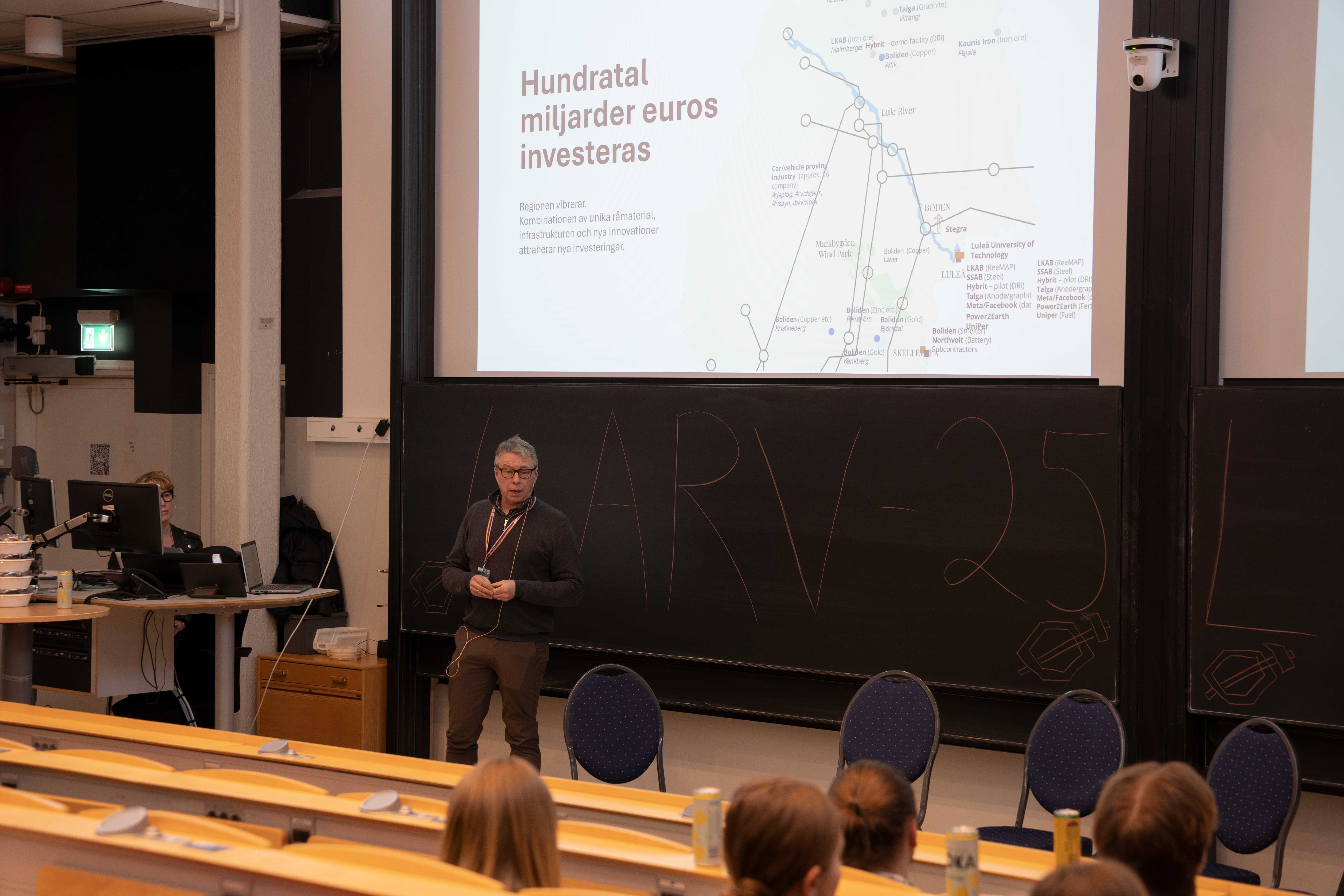 vy över en föreläsningssal med elever i förgrunden och en man som talar på scen. 