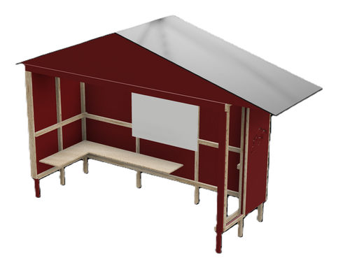 Förslag 1: Busskuren är i rött trä med ljus sittbänk och trädetaljer inne i kuren. Ett plåttak förstärker känslan av stuga. I ena gaveln är det en öppen yta för sikt.