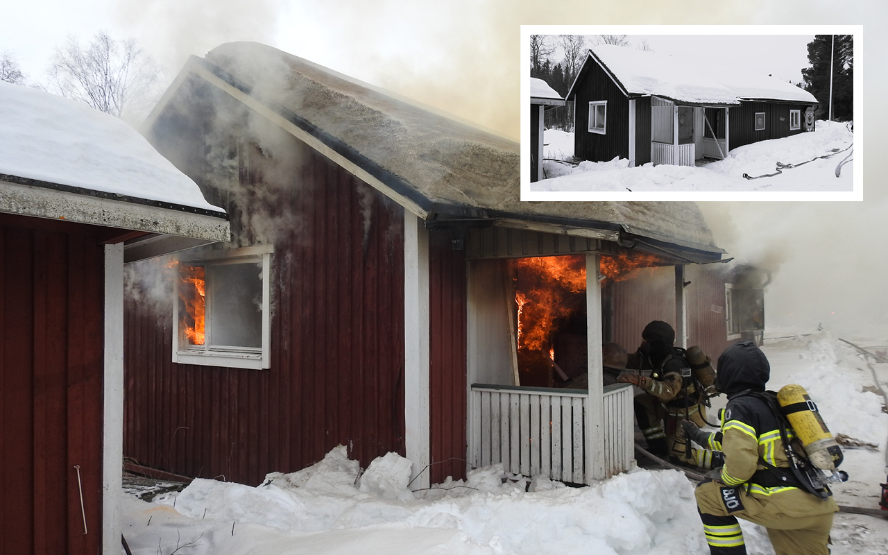 Bild från brandövningen vid Länkebo, i höger hörn är en bild på huset innan testerna.
