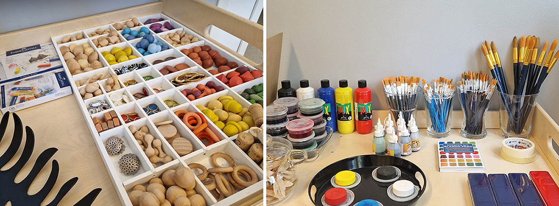 Två bilder med olika material som används på förskolan.