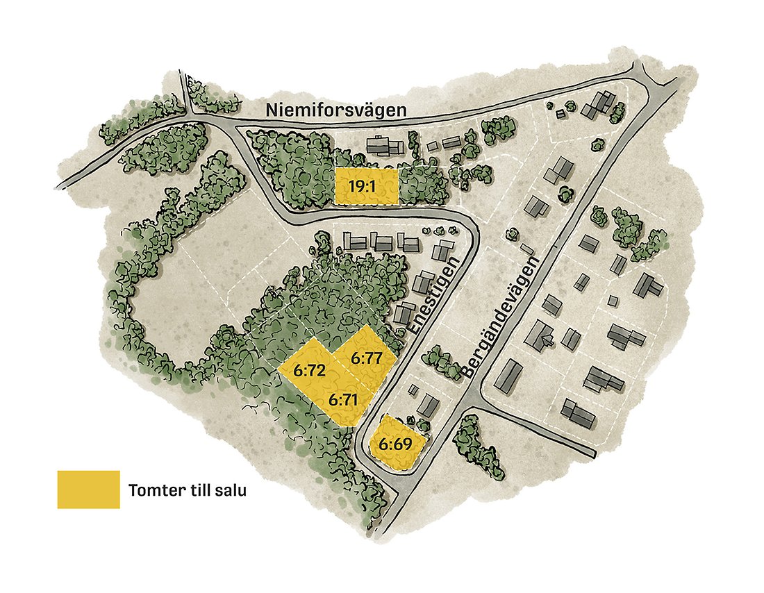 Illustrerad karta över centrala Niemisel och tomterna som är till salu är markerade i gult. Illustration: Niklas Brandt, Brightnest