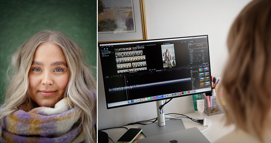 Bild 1: Porträttbild på Malin Bild 2: Malin arbetar framför datorn