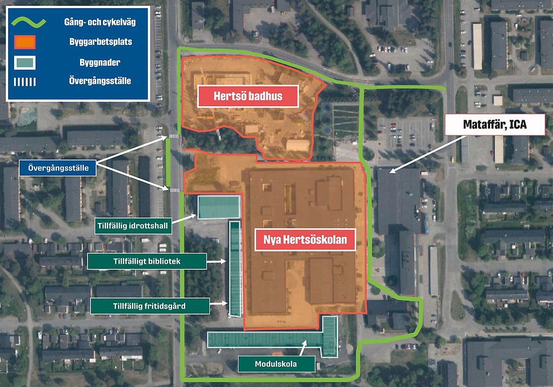 Karta över Hertsö centrum med bland annat gång- och cykelvägar, byggarbetsplatser och tillfälliga byggnader utmärkta.