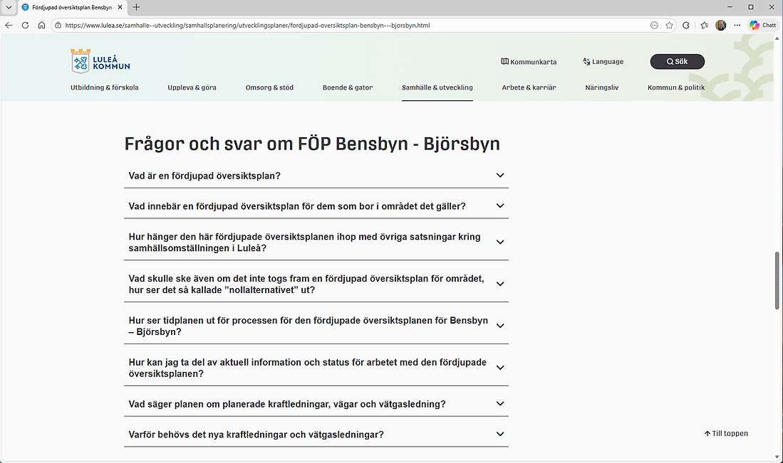 På kommunens webbplats finns vanliga frågor och svar att ta del av kring den fördjupade översiktsplanen.