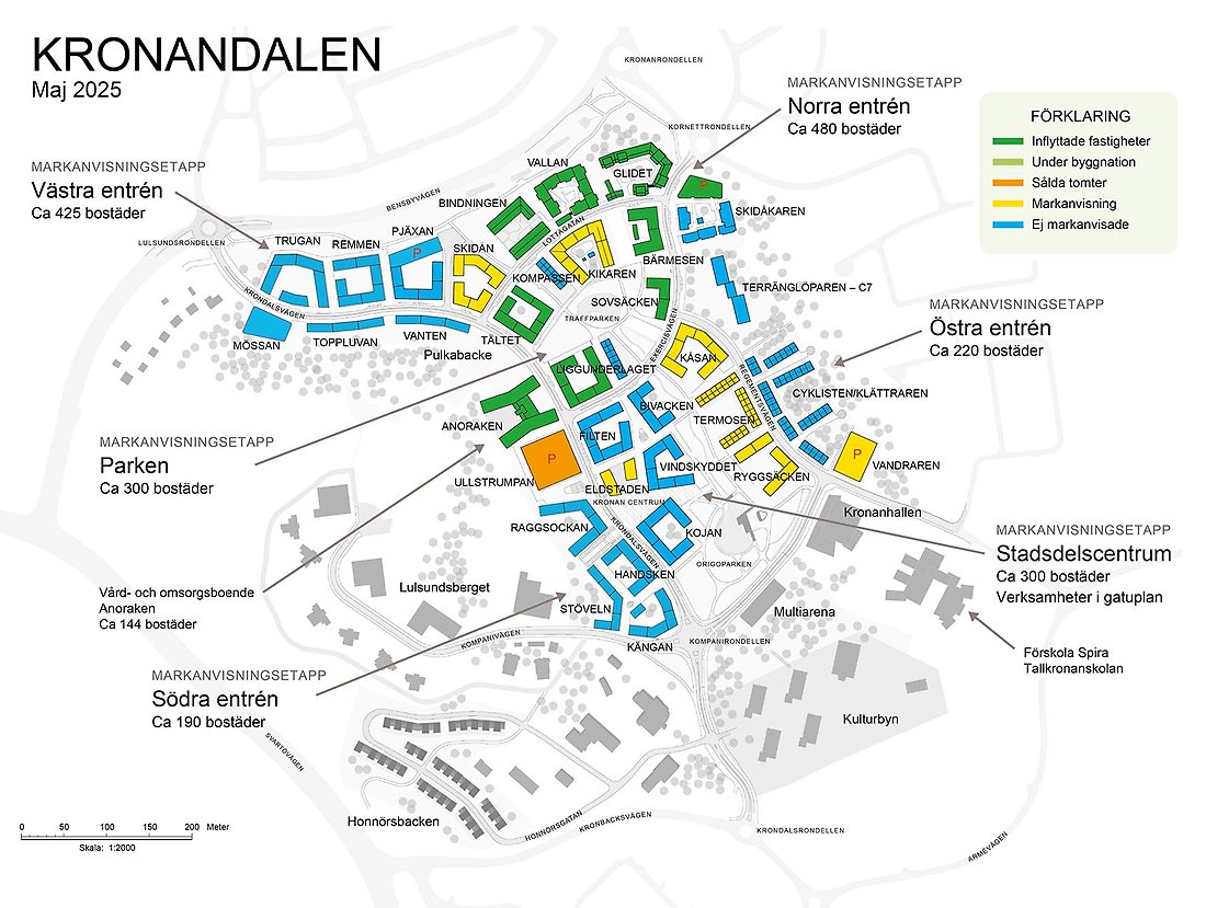 Karta som visar status för de olika kvarteren i Kronandalen.