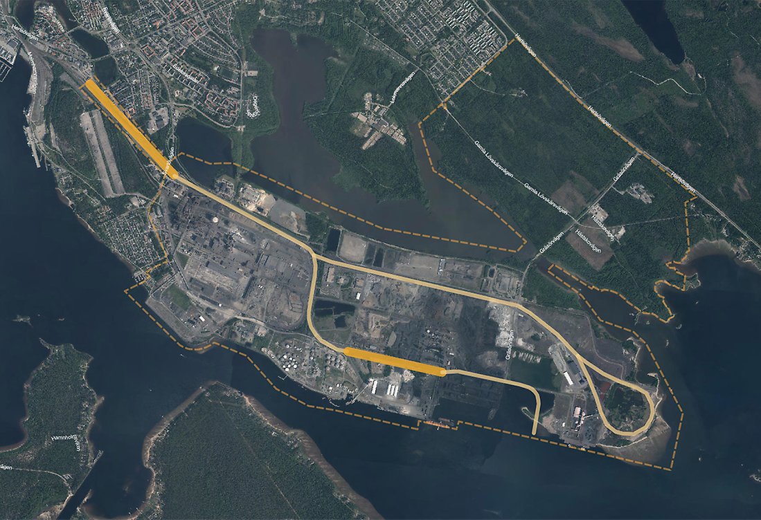 Karta som visar planprogrammets förslag till utformning av järnvägen i Luleå industripark.