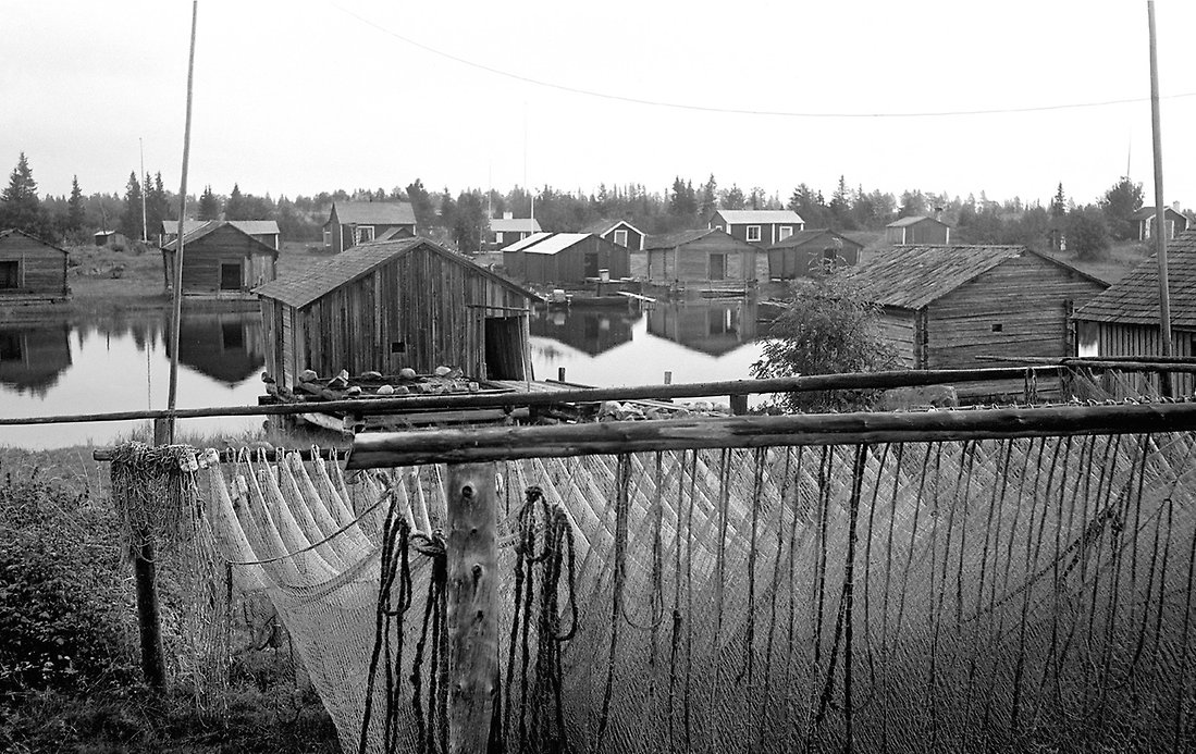 Gistgård med fiskenät på tork i Kyrkviken, Småskär år 1910. Fotograf okänd.