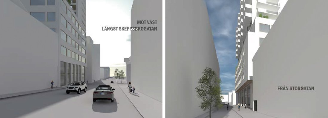 Gatuvy mot fastigheten Katten 6, bilden till vänster är riktad mot väst från Skeppsbrogatan, bilden till höger visar vyn från Storgatan.