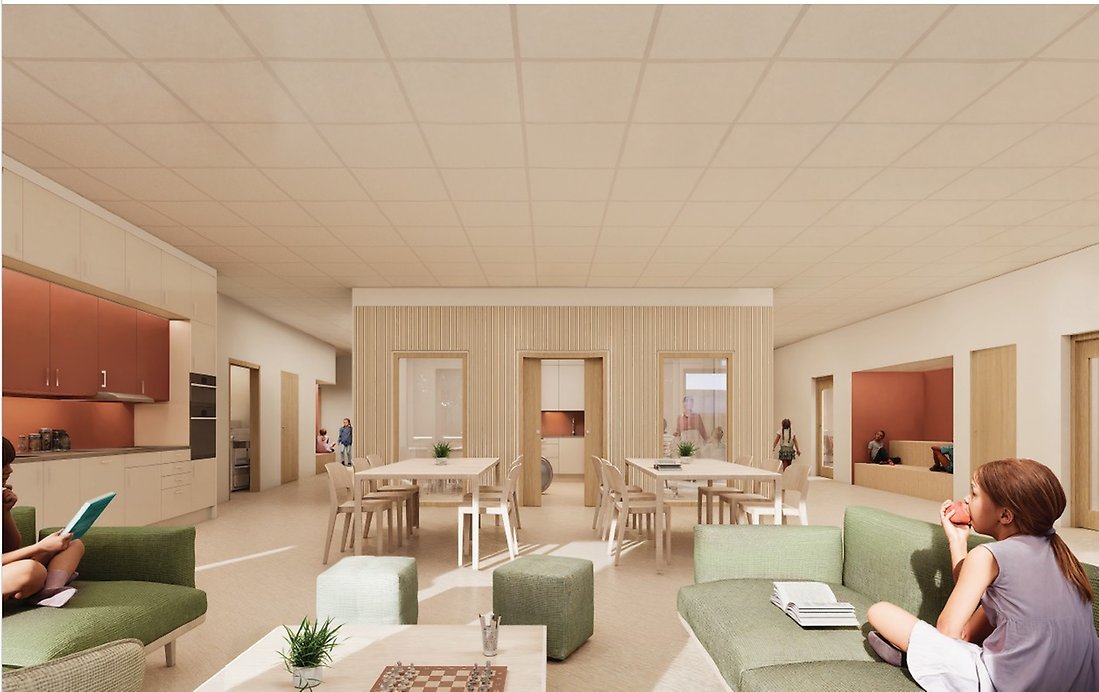 Visionsbild av ett hemviste för en årskurs med rum för undervisning och sociala ytor.