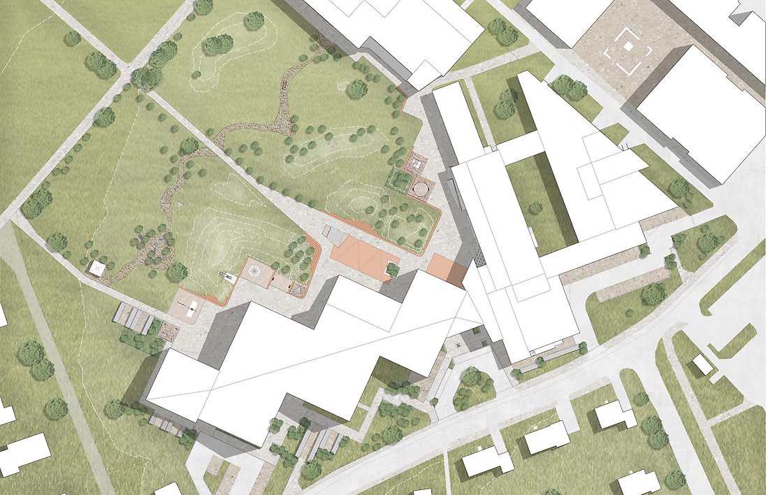 Visionsbild över den nya byggnaden ovanifrån. 