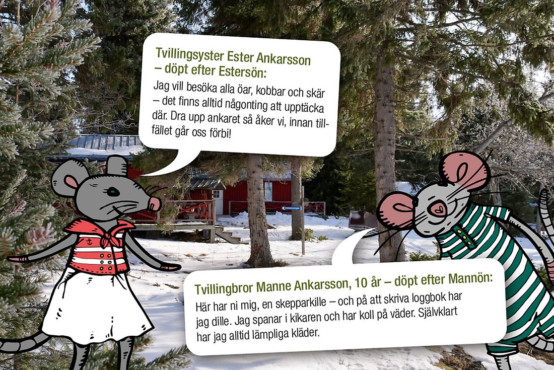 Tvillingsyster Ester Ankarsson, döpt efter Estersön: "Jag vill besöka alla öar, kobbar och skär – det finns alltid någonting att upptäcka där. Dra upp ankaret så åker vi, innan tillfället går oss förbi". Tvillingbror Manne Ankarsson, döpt efter Mannön: "Här har ni mig, en skepparkille – och på att skriva loggbok har jag dille. Jag spanar i kikaren och har koll på väder. Självklart har jag alltid lämpliga kläder".