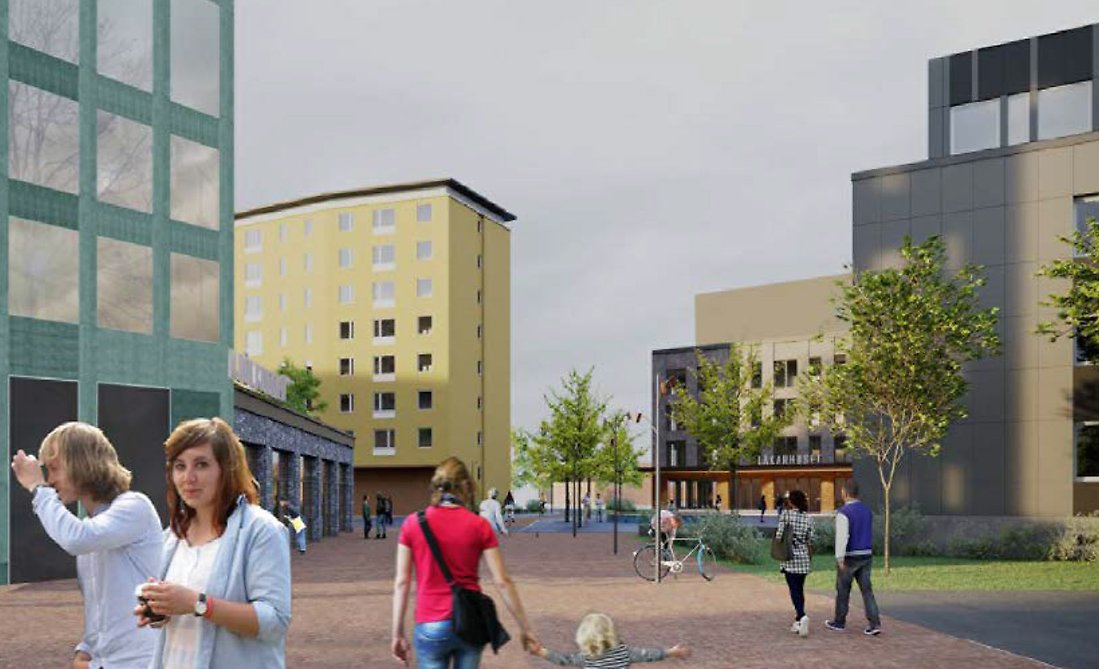 Illustrationen visar ett exempel på hur torgytan sett norrifrån kan utformas. Kollaget är framtaget av  Sweco och Luleå kommun.