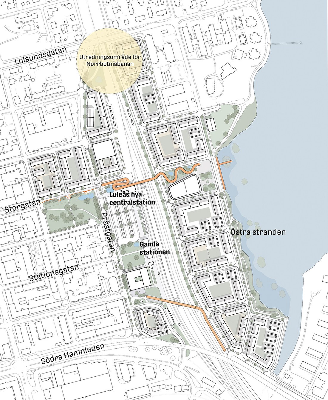 Illustrationskarta som visar programförslagets möjliga utveckling av ny centralstation och ny stadsdel vid Skurholmsfjärden. Illustration: Warm in the Winter.