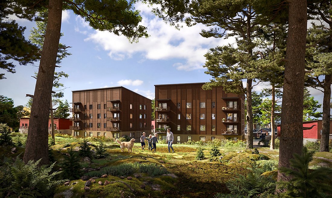 Visionsbild över kvarteret Skogsgläntans baksida mot Luntaskogen.