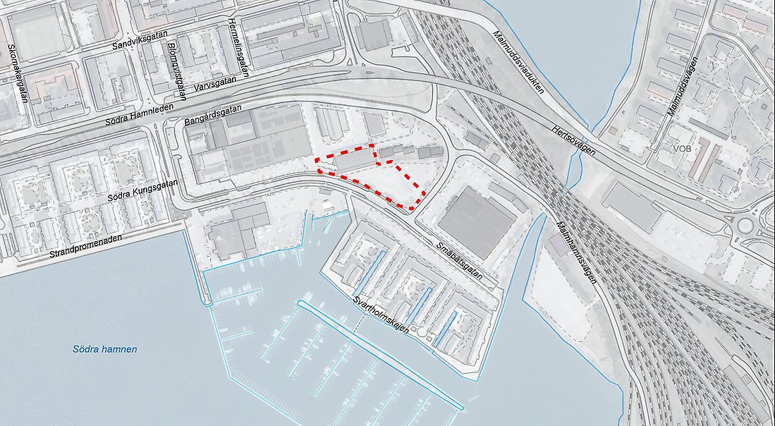 Området i Södra Hamn där en ny detaljplan föreslår bebyggelse med bostäder och kommersiella lokaler och en stadsdelspark.
