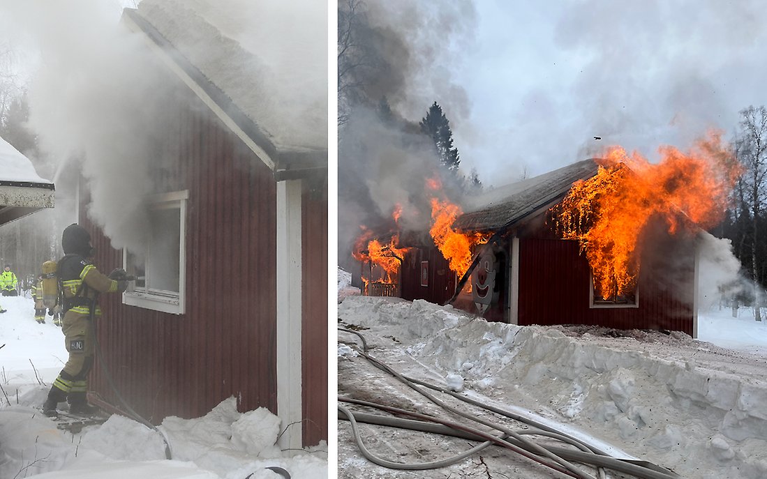 En bild på en brandman och sen en bild efter övningen då huset under bevakning lämnades för att brinna upp.