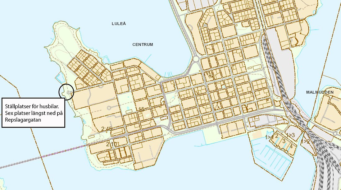 Karta som visar Luleå centrum med markering för husbilsparkeringen längst ned på Repslagargatan